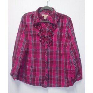 COVINGTON womens Plaid pink Top 20/22W collar Career stretch LS ruffle button-up
